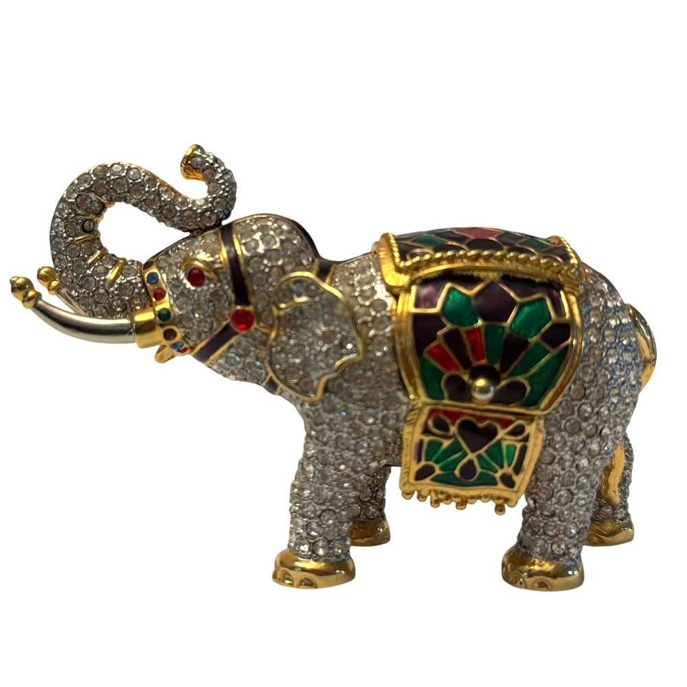 Vintage DZ Crystal Elephant Trinket Box Enamel Gold Tone Rhinestone Figurine